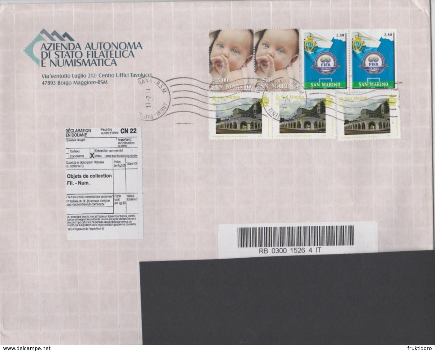 San Marino Registered Letter Barcode & Customs Declaration - Mi 2005 Baby - Mi 2147 FIFA Flag - Mi 2630 Architecture - Eilpost