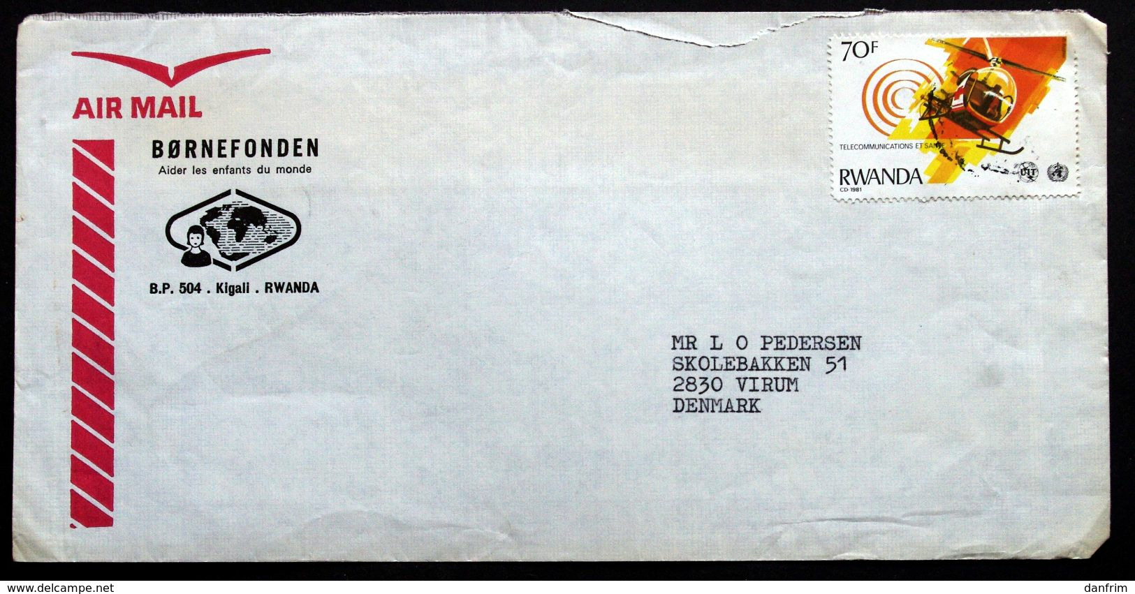 Rwanda Air Mail Cover Children's Foundation  Sent To Denmark  ( Lot 2033 )Helicopter - Otros & Sin Clasificación