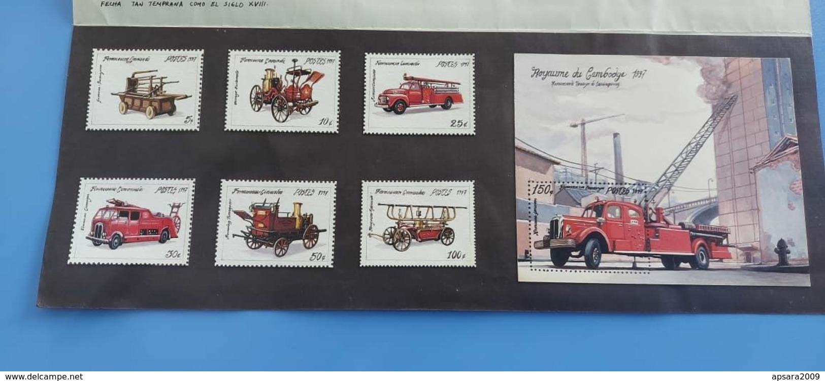 CAMBODGE / CAMBODIA/  Full Stamp And Block Design Of Voiture Pompe By Artist 1997. - Cambodia