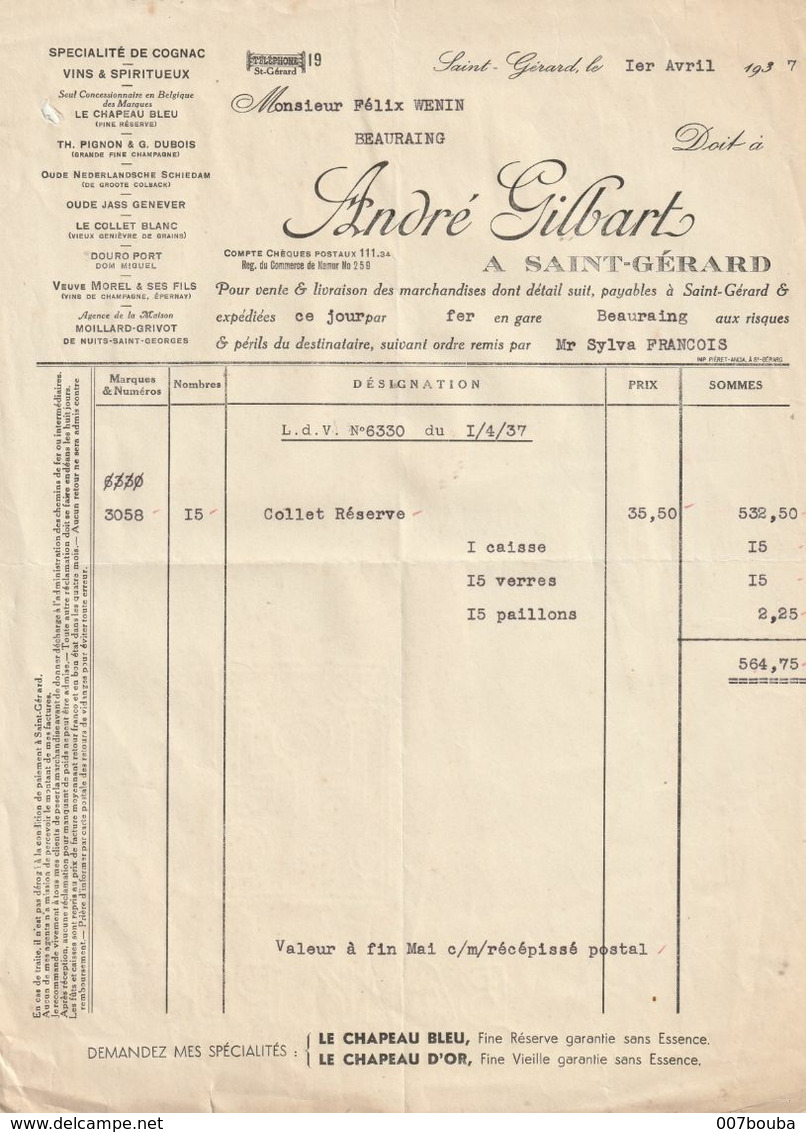 Saint-Gérard 1937 , André Gilbart / Spécialité De Cognac , Vins Et Spiritueux - Old Professions