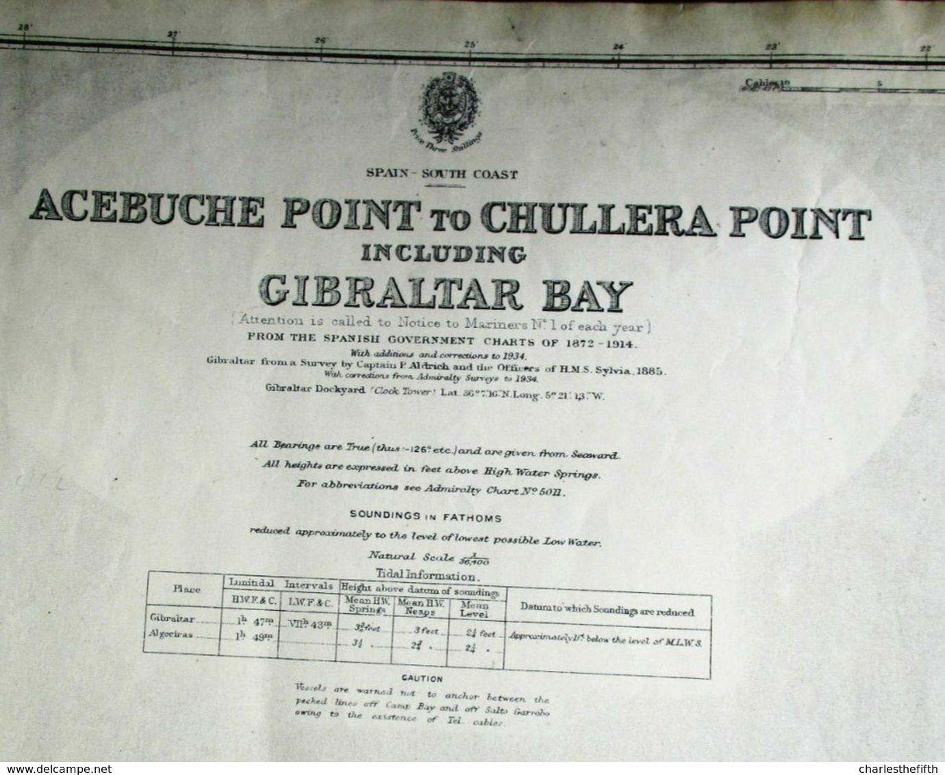 LARGE CHART ** GIBRALTAR FROM A SURVEY BY CAPTAIN P. ALDRICH AND OFFICERS OF H.M.S. SYLVIA 1885 ** With Corrections - Cartes Marines