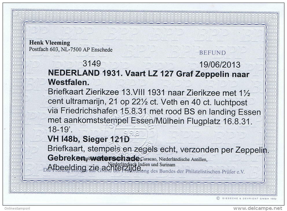 1931 Graf Zeppelin Flight Zierikzee - Friedrichshafen To Zierikzee BPP Certificate Henk Vleeming, Sieger 121D - Luchtpost