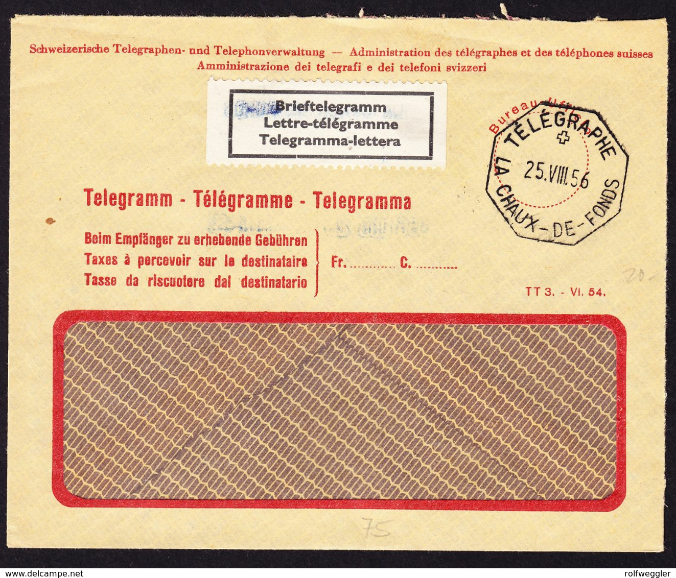 1956 Telegramm Couvert Rot Stempel La-Chaux-de-Fonds Mit Label "Brieftelegramm" - Télégraphe