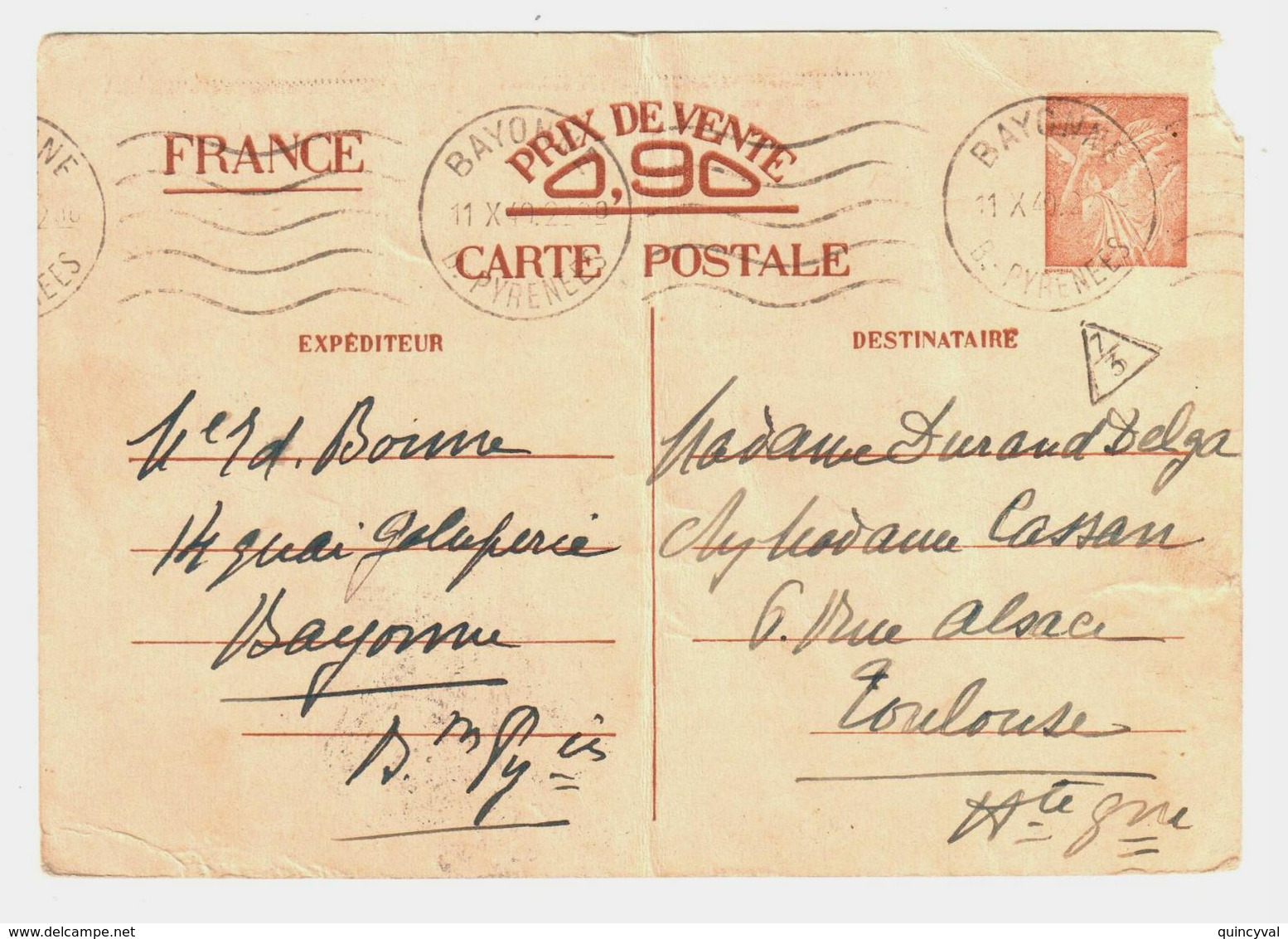 BAYONNE Basses Pyrénées Carte Postale Entier IRIS Sans Valeur PV 90c Ob Meca 11 10 1940 Marque Contrôle Triangle 7/3 - Postales Tipos Y (antes De 1995)