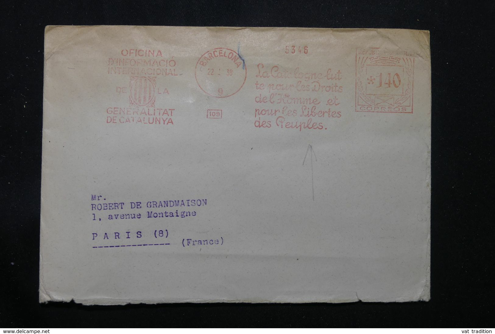 ESPAGNE.- Enveloppe De Barcelone Pour Paris En 1938, Affranchissement Mécanique Illustré ( Droits De L 'Homme )- L 68767 - Covers & Documents