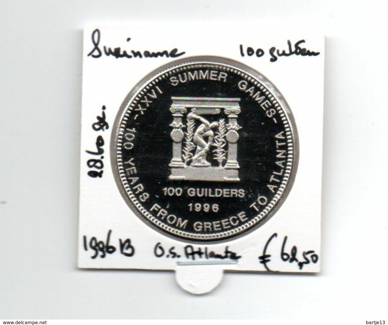 SURINAME 100 GULDEN 1996 B PROOF OLYMPISCHE SPELEN ATLANTA - Surinam 1975 - ...