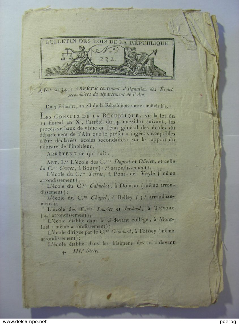 BULLETIN DES LOIS De 1802 - ECOLES ARDECHE AIN CHER COTES DU NORD DYLE BELGIQUE EURE GIRONDE - FOIRES - UNIFORME - Decrees & Laws