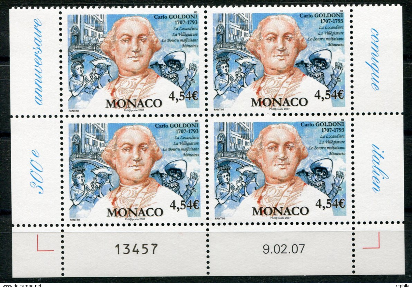 RC 18297 MONACO N° 2588 THÉATRE CARLO GOLDONI BLOC DE 4 COIN DATÉ NEUF ** TB - Unused Stamps