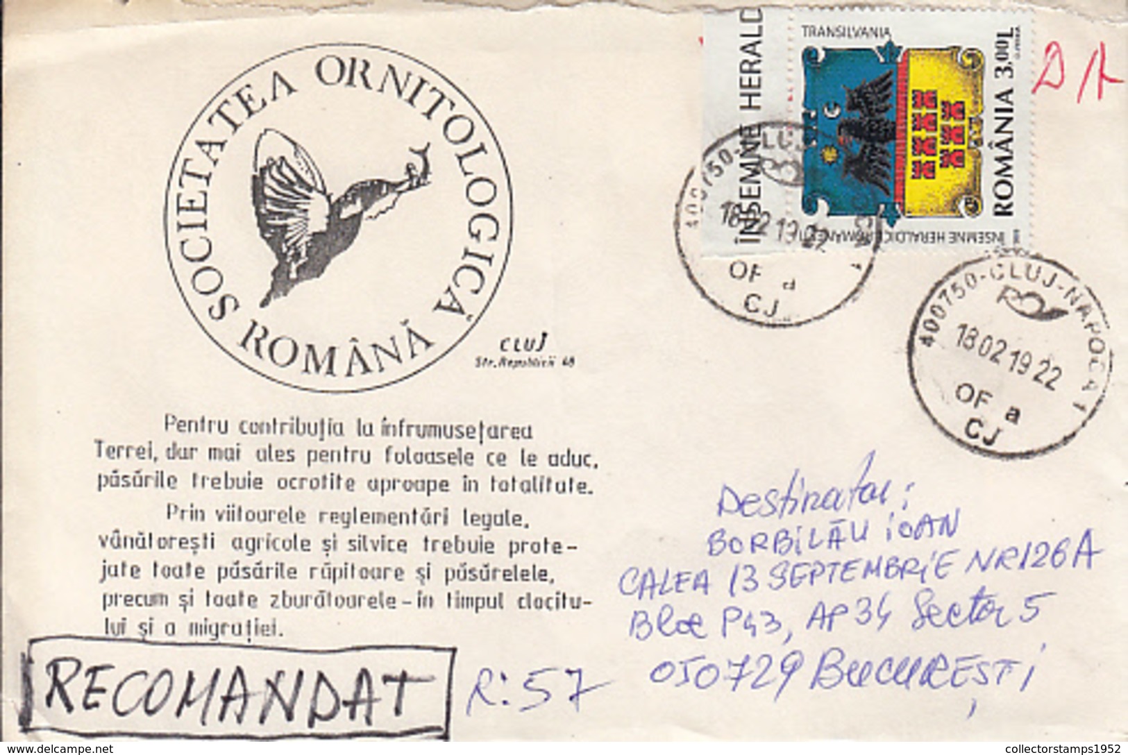 89743-KINGFISHER SPECIAL COVER, COAT OF ARMS STAMP, 2019, ROMANIA - Covers & Documents