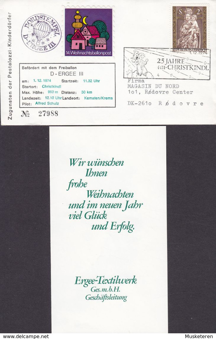 Austria Pestalozzi-Kinderdörfer 14. Weihnachtsballonpost - Freiballon D Ergee III - CHRISTKINDL 1/12/1974 Cover Brief - Ballonpost