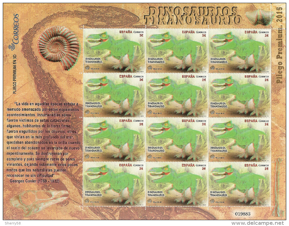 2015-ED. 4967 En PLIEGO PREMIUM-DINOSAURIOS. Tyrannosaurus-NUEVO - Blocs & Hojas