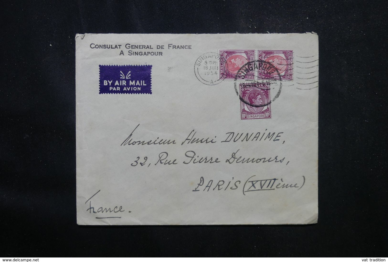 SINGAPOUR - Enveloppe Du Consulat De France En 1954 Pour Paris - L 68989 - Singapore (...-1959)