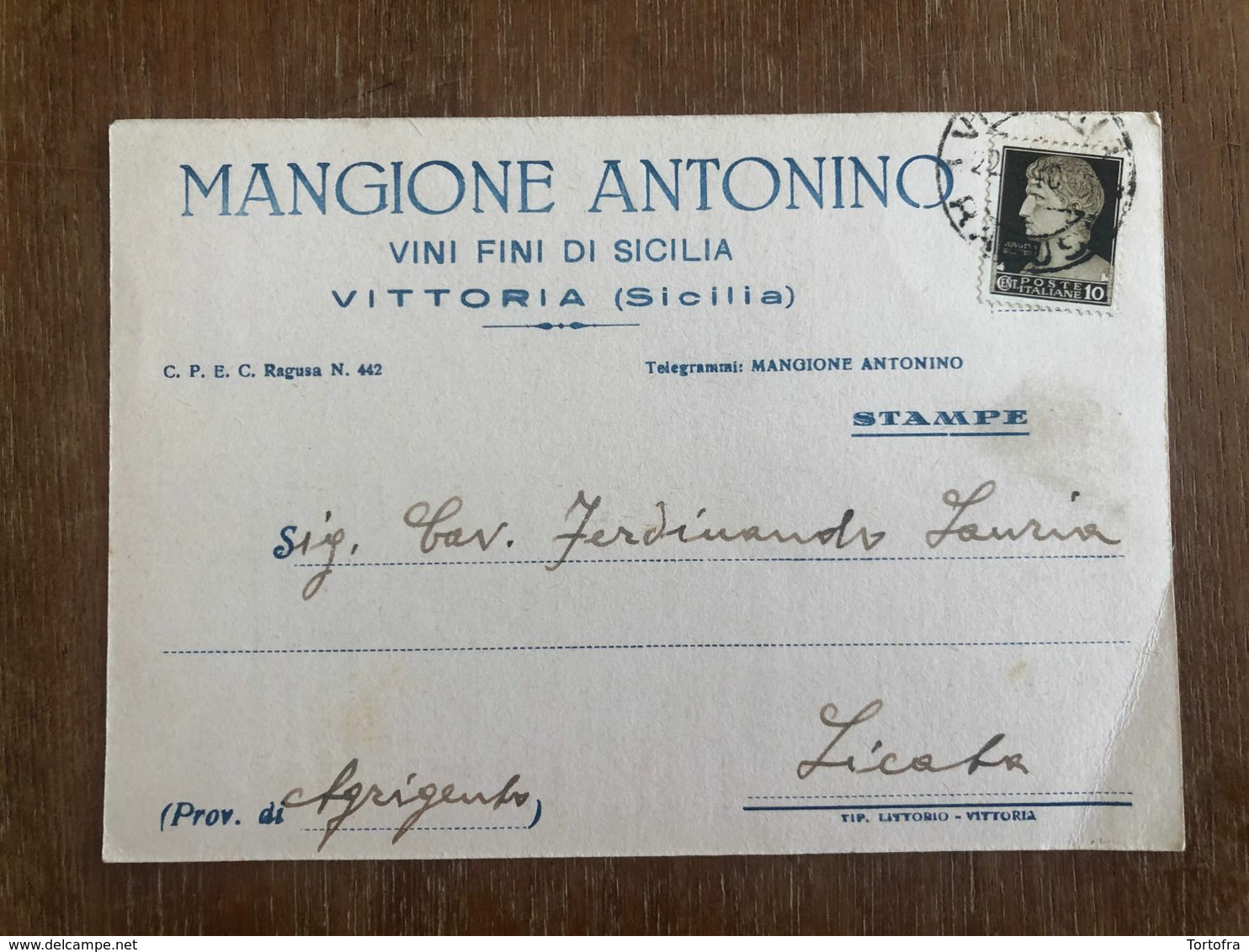 VITTORIA (RAGUSA) MANGIONE ANTONINO VINI FINI DI SICILIA  1940    VINO UVA - Vittoria