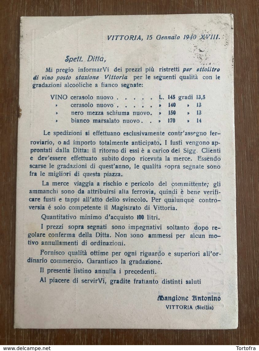 VITTORIA (RAGUSA) MANGIONE ANTONINO VINI FINI DI SICILIA  1940    VINO UVA - Vittoria