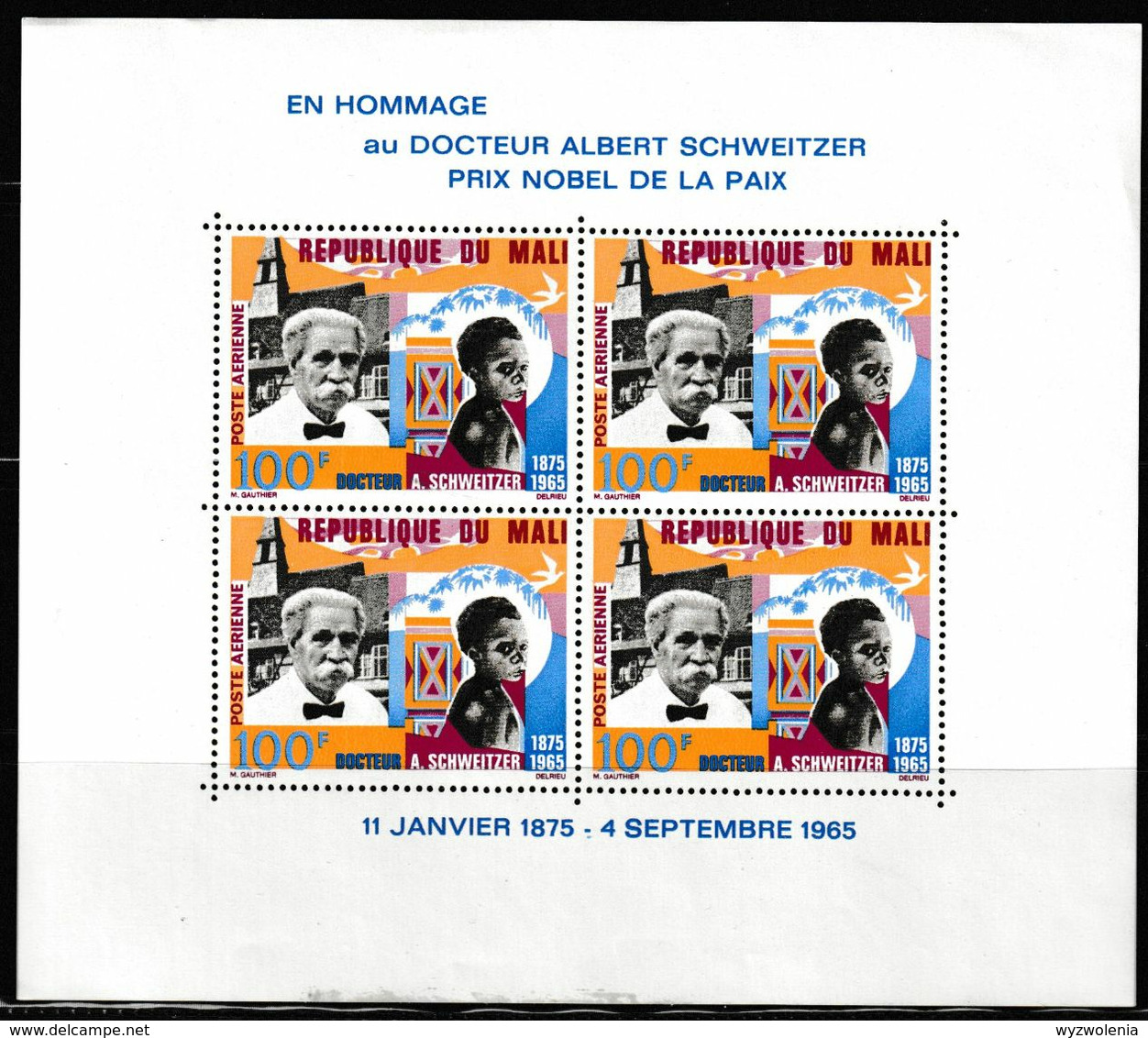 P 418) Mali 1965 Mi# 116 Bl.4 ** , Nobelpreis Albert Schweitzer, Lepra, Arzt - Albert Schweitzer