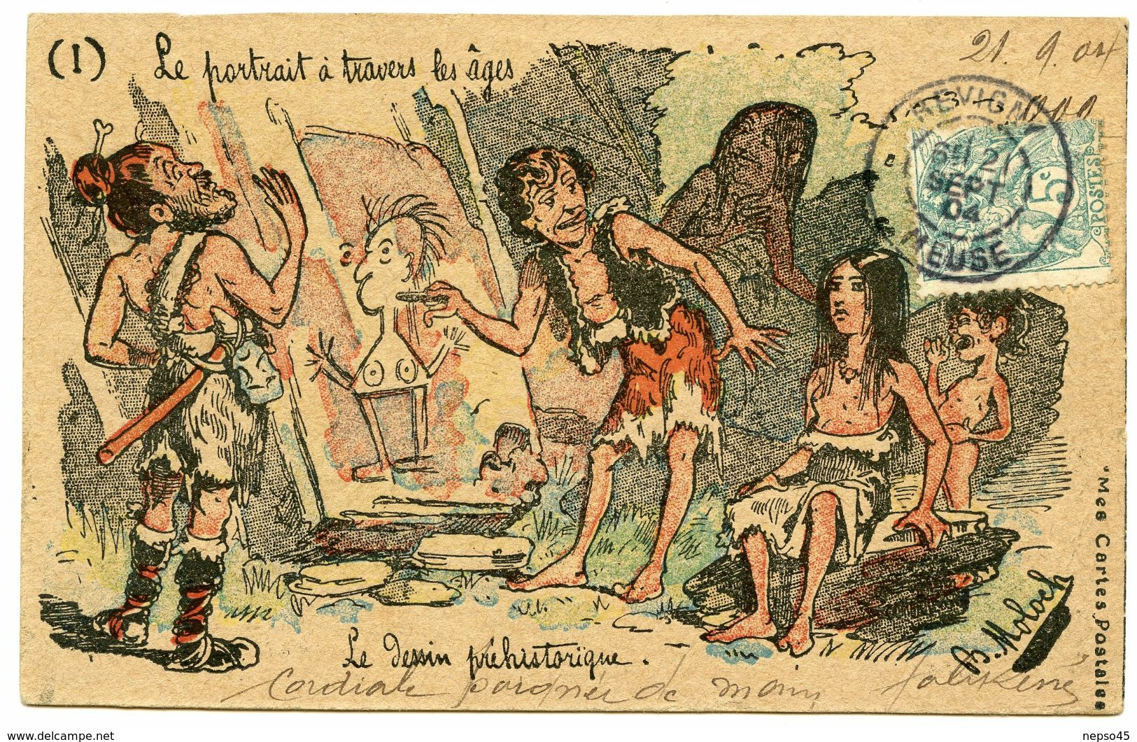 Illustrateur B.Molock. Le Portrait à Travers Les âges.le Dessin Préhistorique. Voyagé En 1904. - Moloch