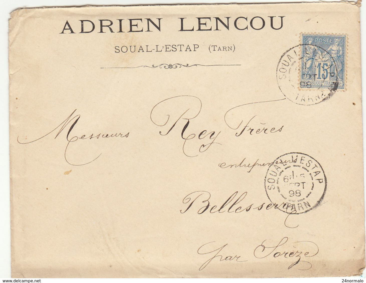 ESC 15c Sage O. Cad Soual L'Estap Tarn 1898 A. Lencou. - 1877-1920: Semi-Moderne