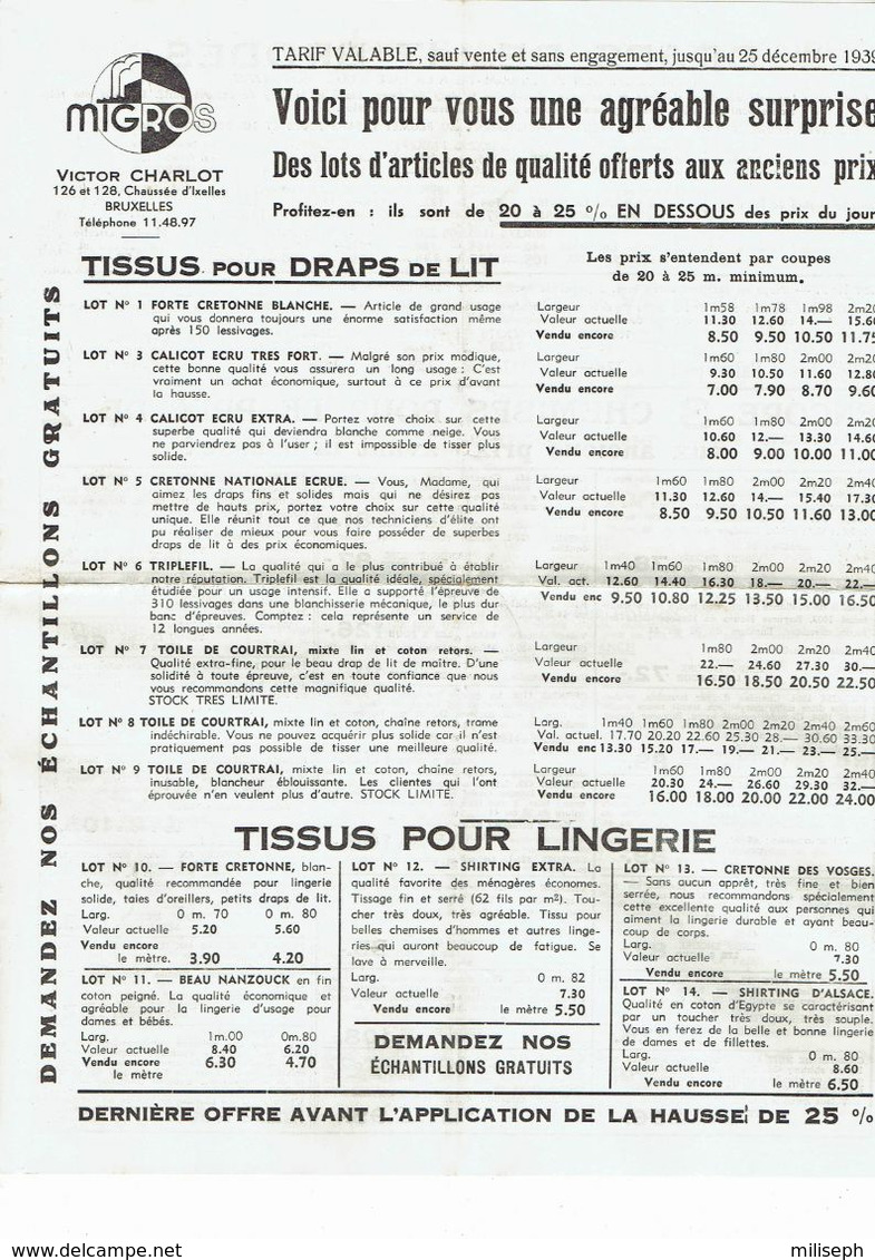 Catalogue Spécial  MIGROS - Bruxelles - Année 1939 -    (4841) - Sabanas/Cubrecamas