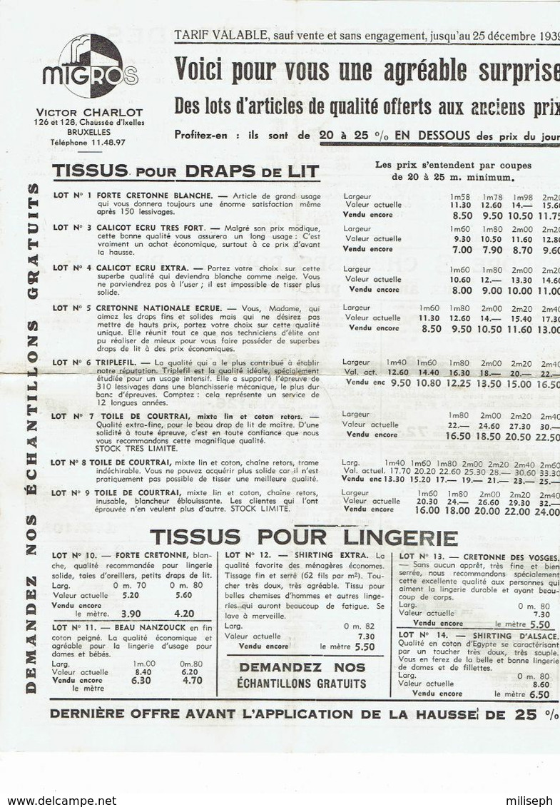 Catalogue Spécial  MIGROS - Bruxelles - Année 1939 -    (4841) - Lenzuola/Copriletti