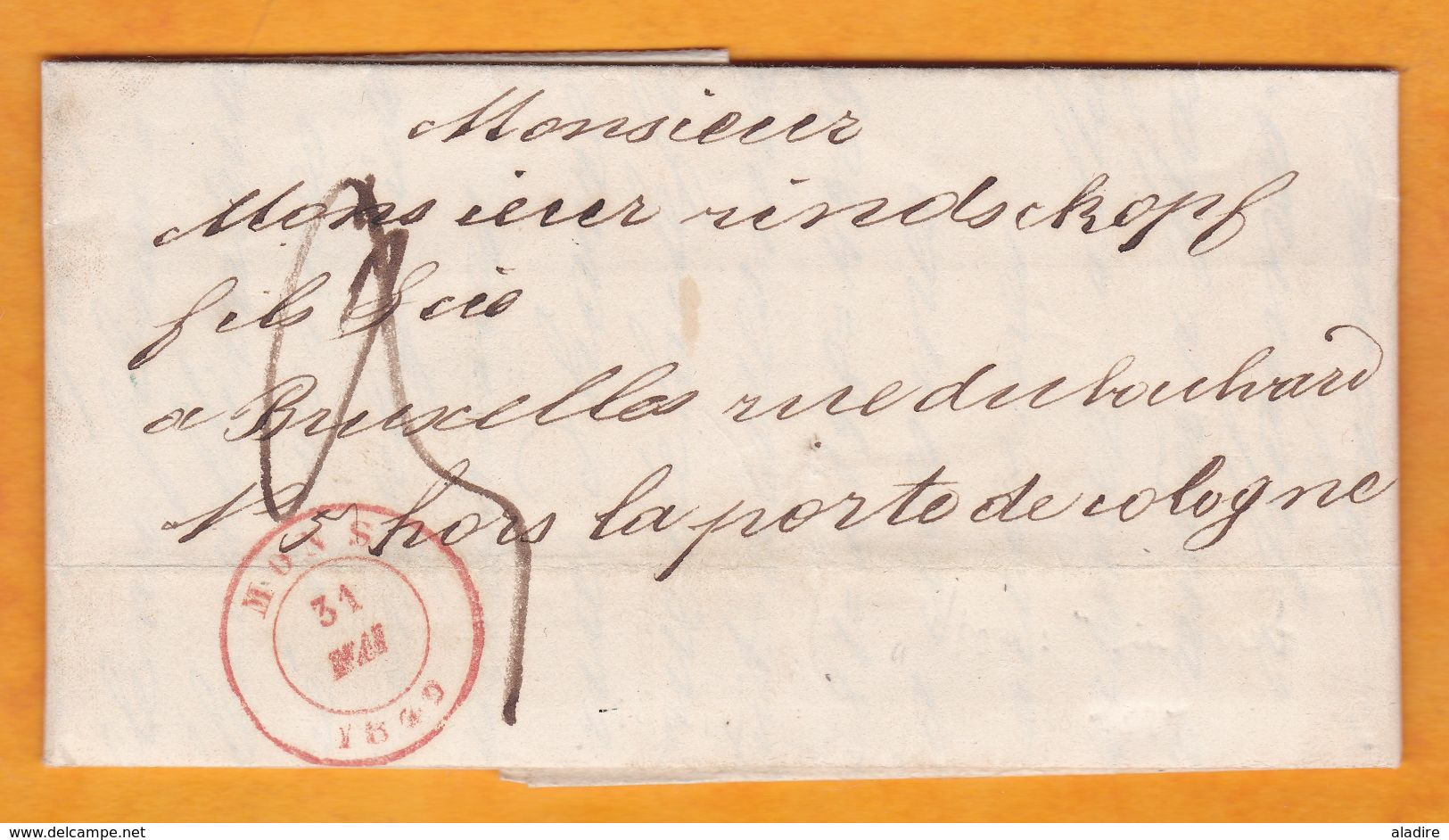 1849 - Lettre Pliée Avec Correspondance En Français De Mons Vers Bruxelles, Belgique - Taxe 3 - Vente D'obligations - 1830-1849 (Unabhängiges Belgien)