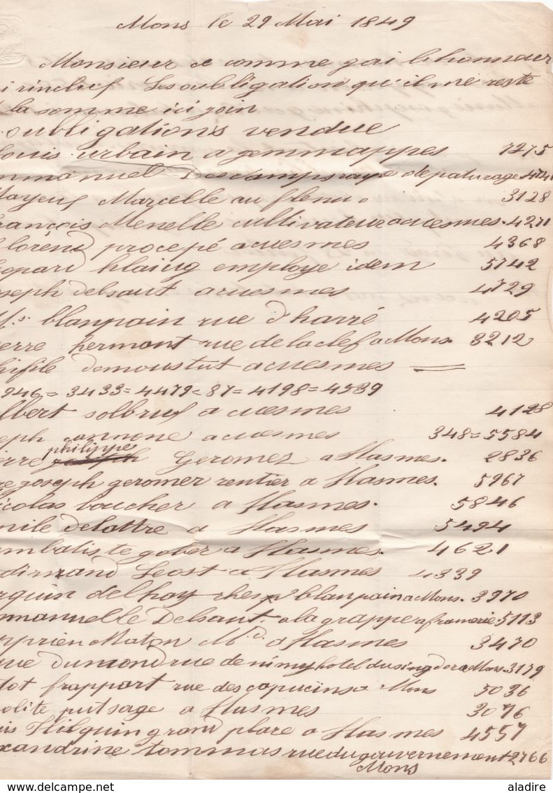 1849 - Lettre pliée avec correspondance en français de Mons vers Bruxelles, Belgique - taxe 3 - vente d'obligations