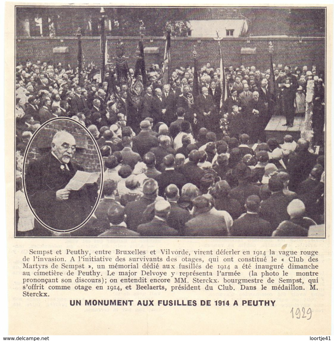 Orig. Knipsel Coupure Tijdschrift Magazine - Peuthy - Peutie - Monument Aux Fusillés De 1914  - 1929 - Zonder Classificatie