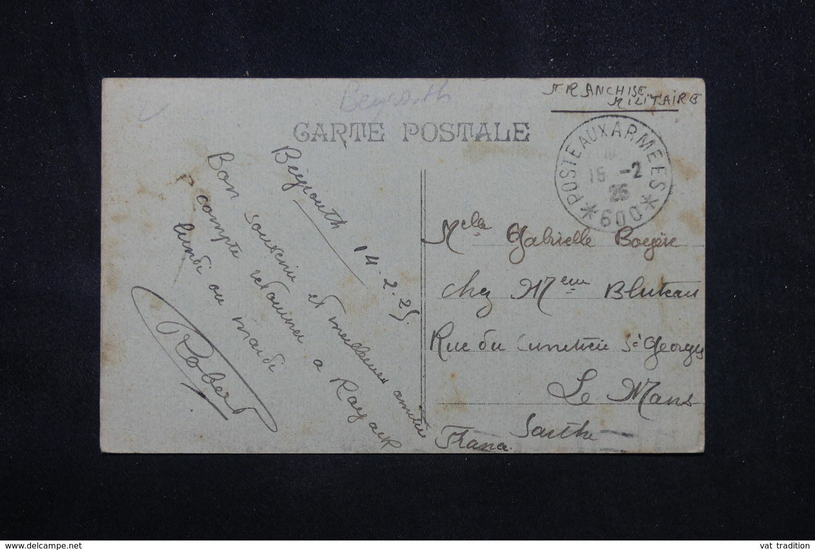 LEVANT FRANÇAIS - Oblitération Poste Aux Armées 600 Sur Carte Postale De Beyrouth En 1925 En FM Pour La France - L 68993 - Lettres & Documents