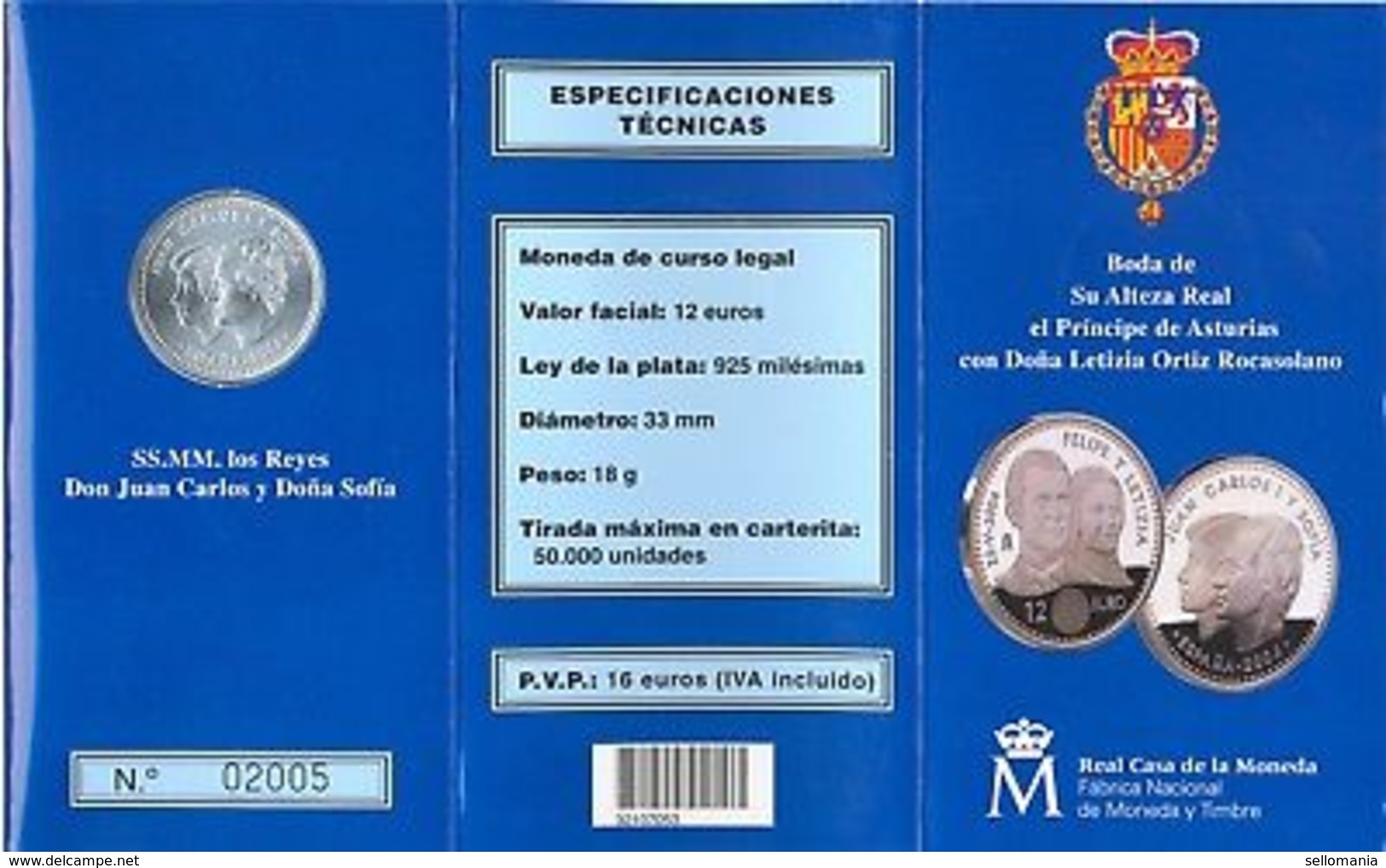 CARTERITA FNMT MONEDA BODA REAL PRINCIPE FELIPE DOÑA LETIZIA FNMT 12 EUROS PLATA -  Collections