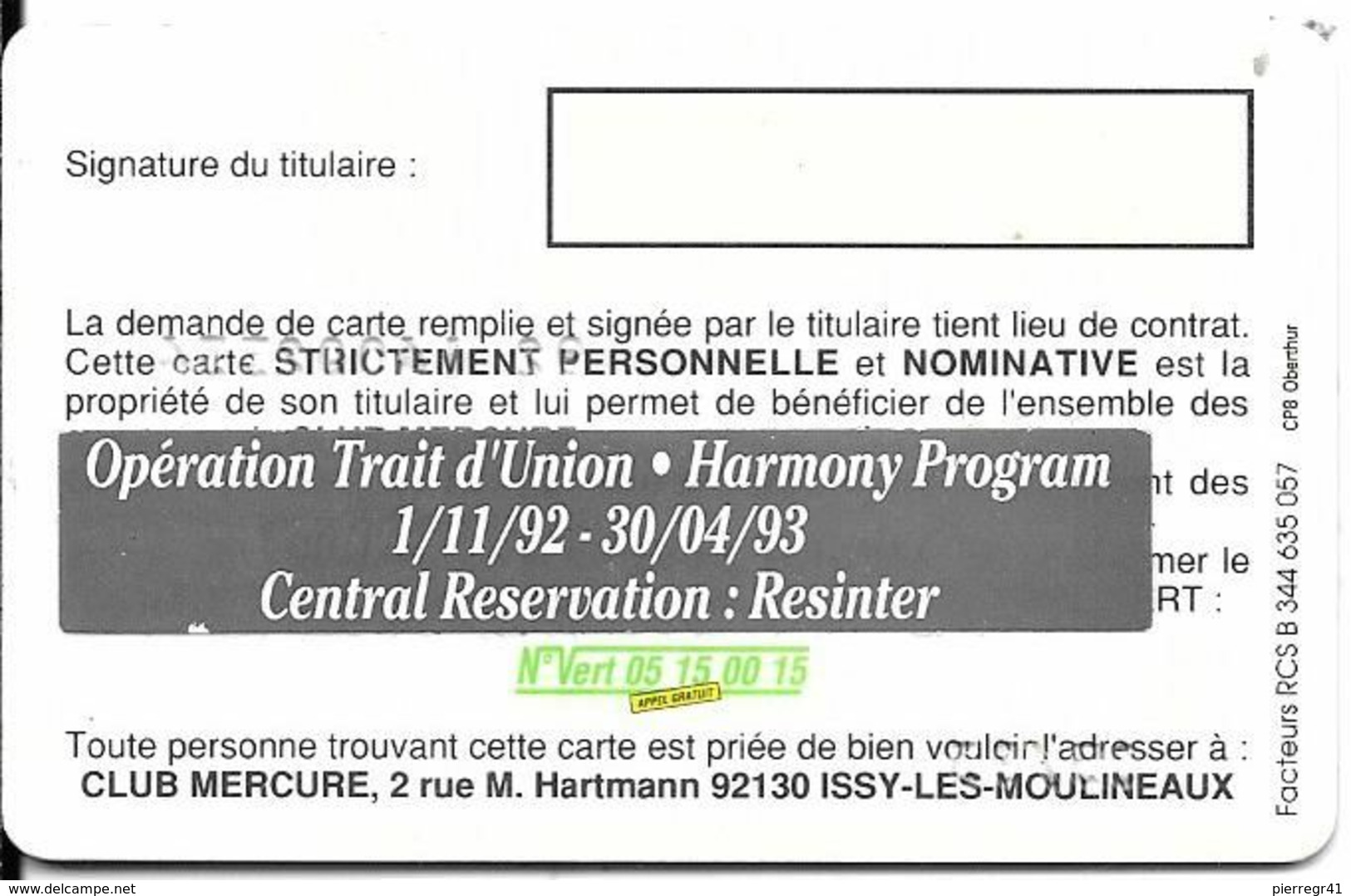 CARTE-CLUB MERCURE-1993-HOTELS MERCURE-TBE -RARE - Hotelsleutels