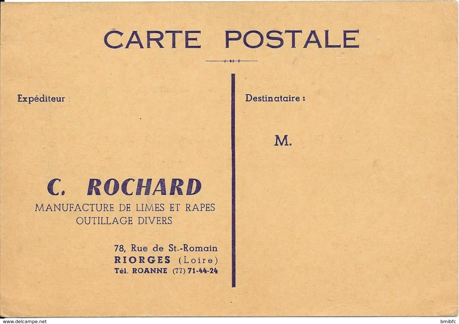 Expéditeur C. ROCHARD -  Manufacture De Limes Et Râpes - 78, Rue De St Romain RIORGES - Tél  ROANNE (77) 71.44.24 - Riorges