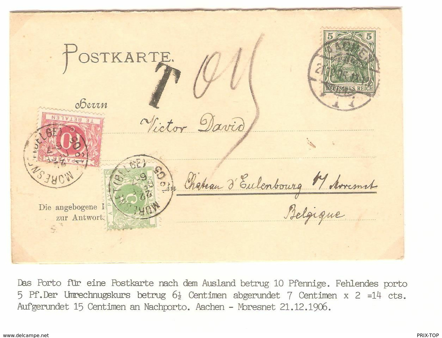 REF1655/ TP Germania 5 C.Aachen 21/12/1905 Taxed 0,15 > Moresnet Taxée 15c TTx 3-5 C.Moresnet Hunting Party Invitation - Lettres & Documents