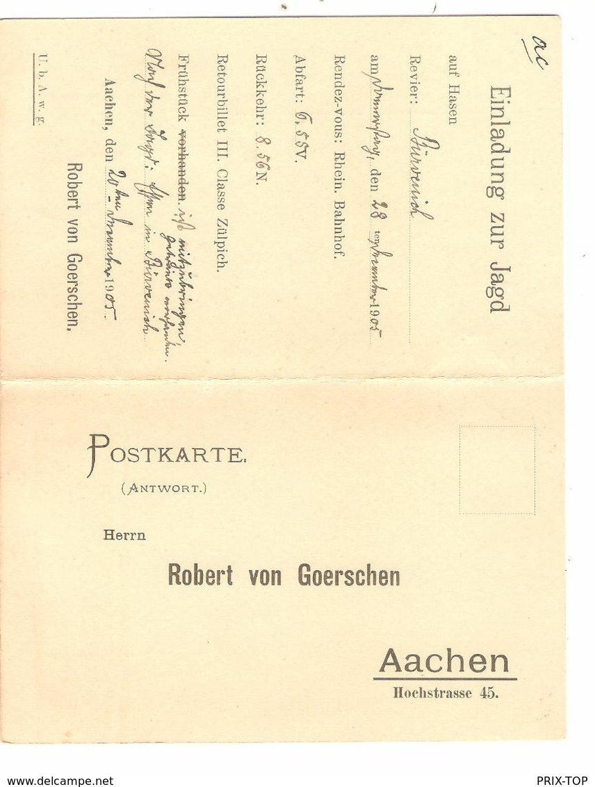 REF1655/ TP Germania 5 C.Aachen 21/12/1905 Taxed 0,15 > Moresnet Taxée 15c TTx 3-5 C.Moresnet Hunting Party Invitation - Lettres & Documents