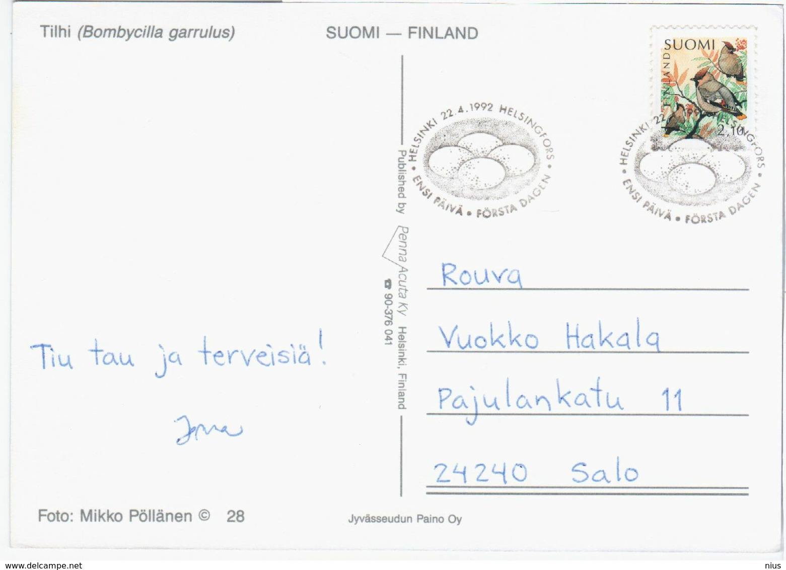 Finland Suomi 1992 Maximum Card, Bird Birds Bombycilla Garrulus, Bohemian Waxwing, Europäischer Seidenschwanz - Tarjetas – Máximo