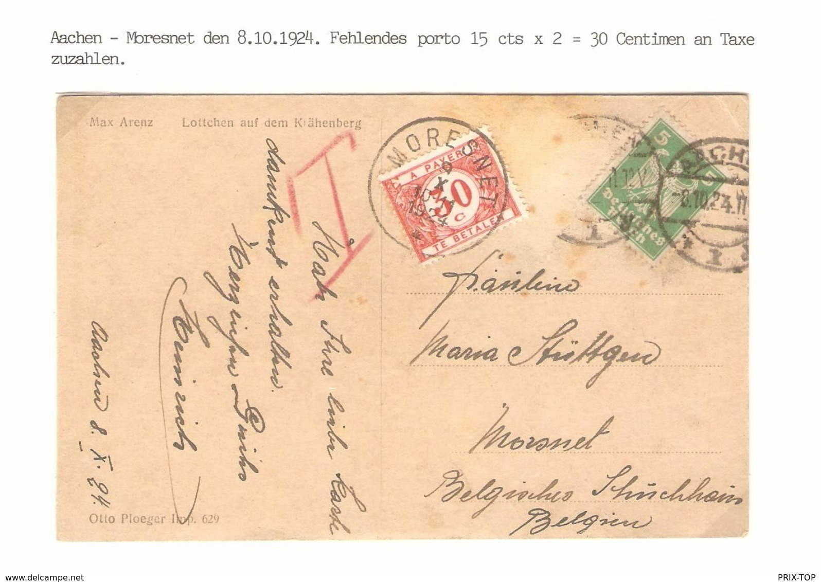 REF1656/ TP 5 Pfg S/CP Fantaisie Trace Autre TP T Manuscrit C.Aachen 8/10/24 > Moresnet Taxée 30c TTx 35 C.Moresnet 9/10 - Covers & Documents