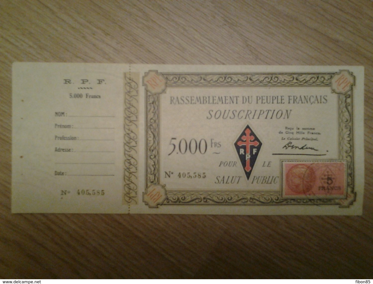 5000 FRANCS RASSEMBLEMENT DU PEUPLE FRANCAIS  RPF AVEC SOUCHE RARE P.NEUF - Specimen