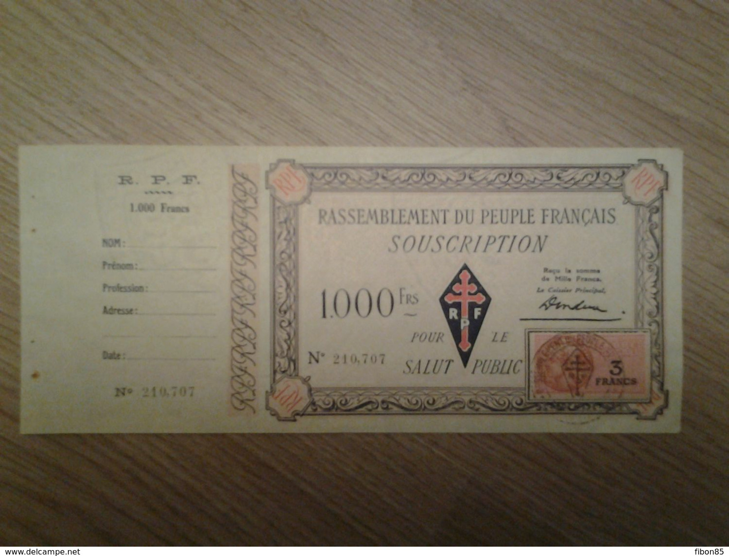 1000 FRANCS RASSEMBLEMENT DU PEUPLE FRANCAIS  RPF AVEC SOUCHE RARE P.NEUF - Specimen