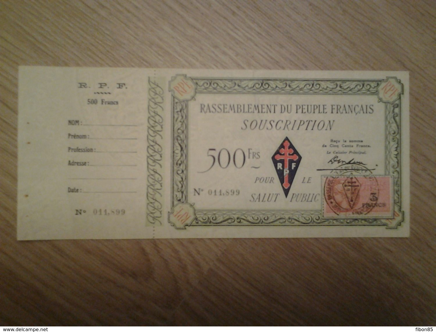 500 FRANCS RASSEMBLEMENT DU PEUPLE FRANCAIS  RPF AVEC SOUCHE RARE P.NEUF - Specimen