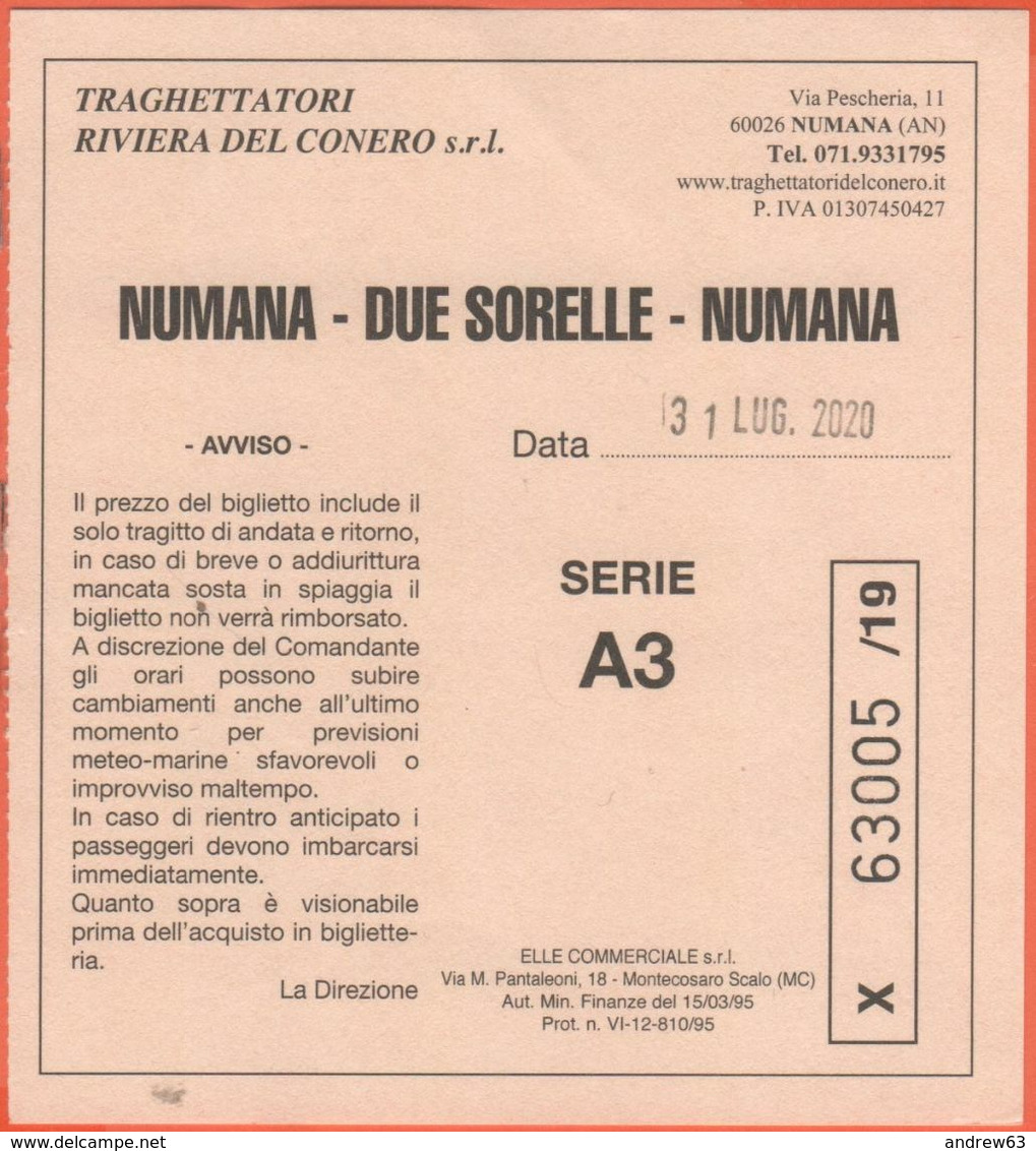 Traghettatori Riviera Del Conero - Biglietto Ridotto Di Viaggio Per Numana-Due Sorelle-Numana - Usato - Europa