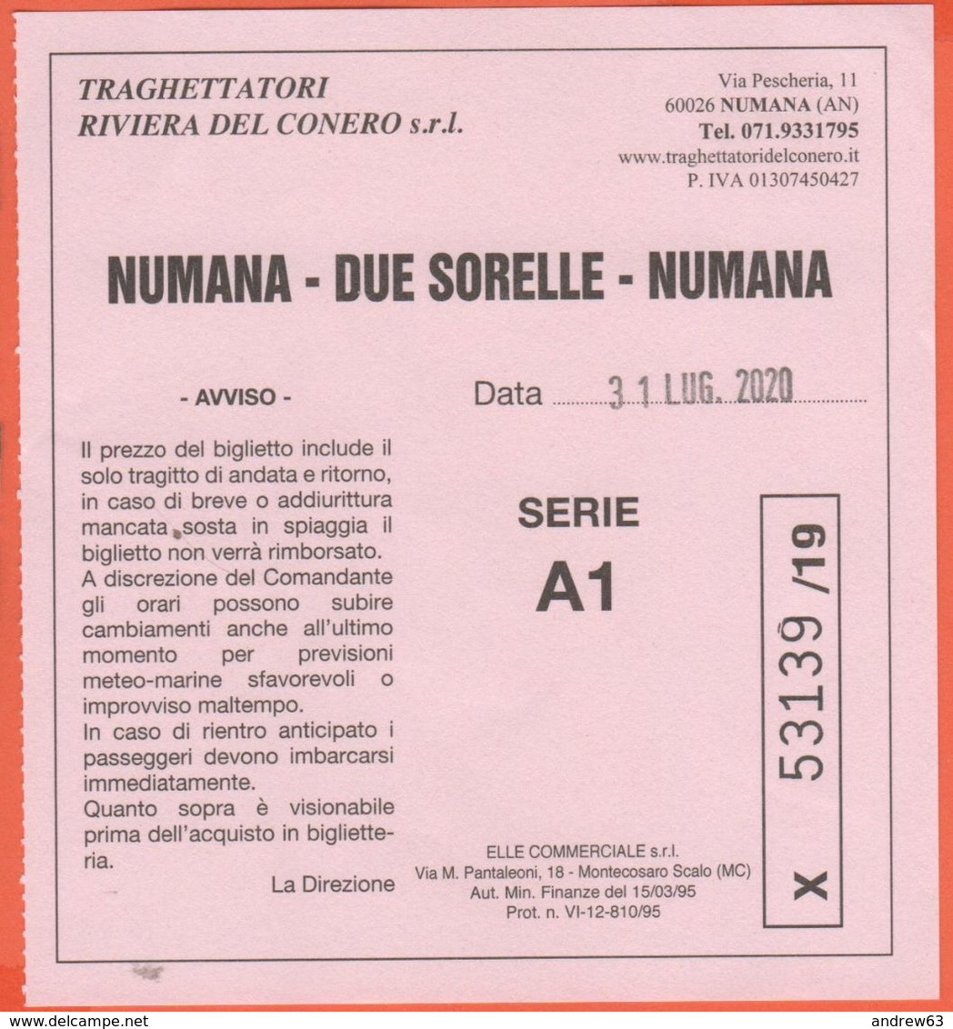 Traghettatori Riviera Del Conero - Biglietto Intero Di Viaggio Per Numana-Due Sorelle-Numana - Usato - Europa