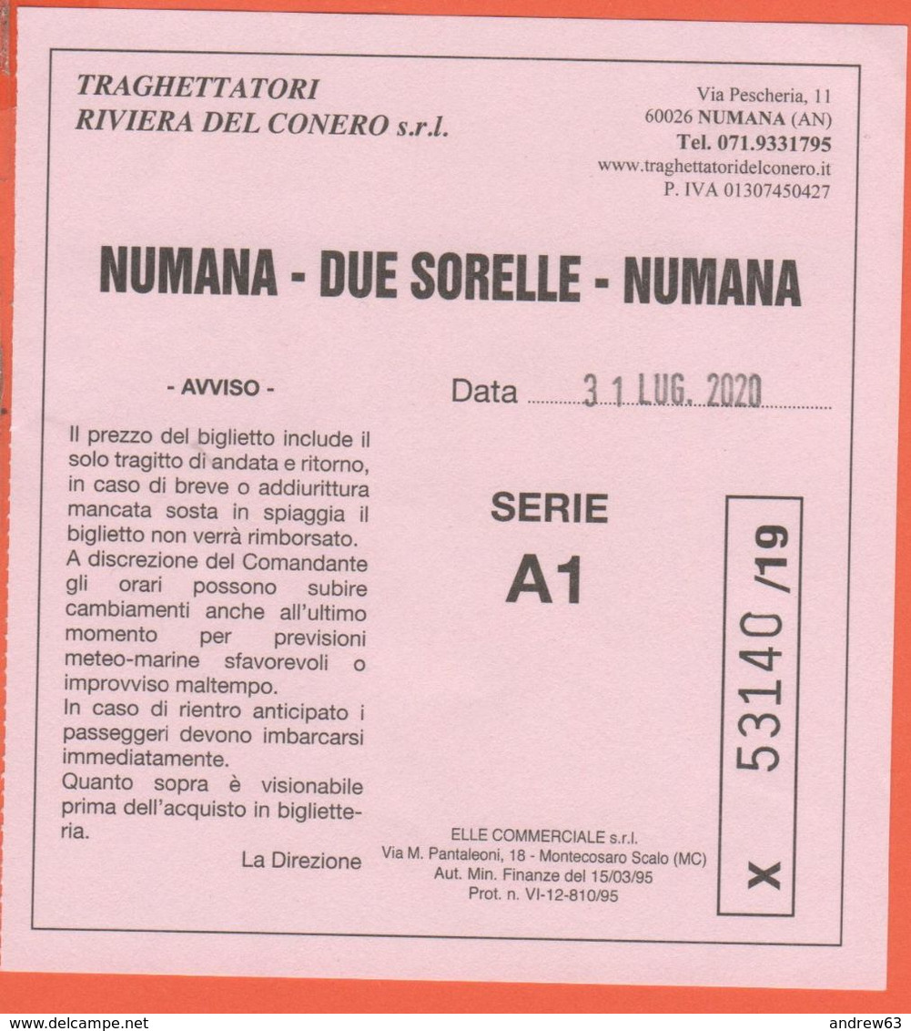 Traghettatori Riviera Del Conero - Biglietto Intero Di Viaggio Per Numana-Due Sorelle-Numana - Usato - Europa