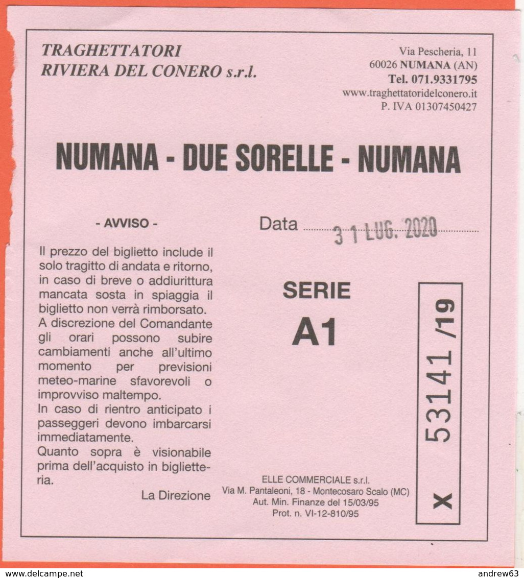 Traghettatori Riviera Del Conero - Biglietto Intero Di Viaggio Per Numana-Due Sorelle-Numana - Usato - Europa