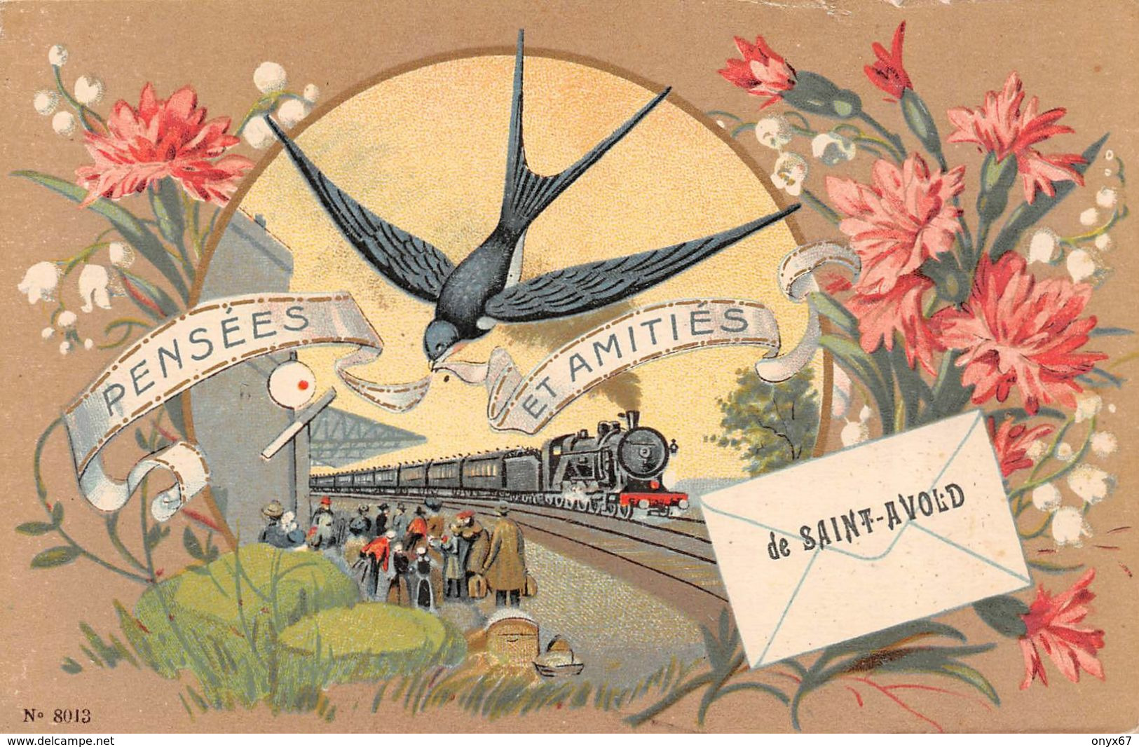 SAINT-AVOLD (57-Moselle)  Pensées Et Amitiés-DESSIN-Hirondelle-Oiseau-Train-Gare-Bahnhof-Fleur-FANTAISIE- VOIR RECTO - - Saint-Avold