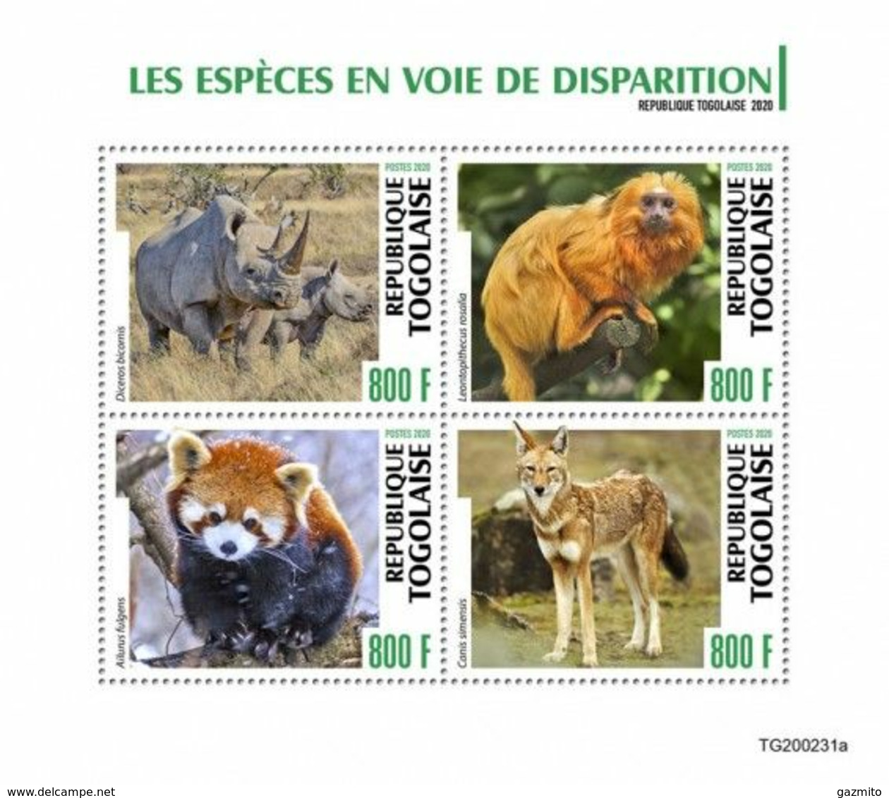 Togo 2020, Animals In Danger, Rhino, Monkey, Panda, Wolf, 4val In BF - Chimpanzees