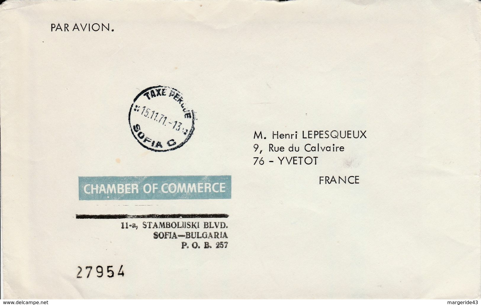 BULGARIE LETTRE EN TAXE PERCUE POUR LA FRANCE 1971 - Briefe U. Dokumente