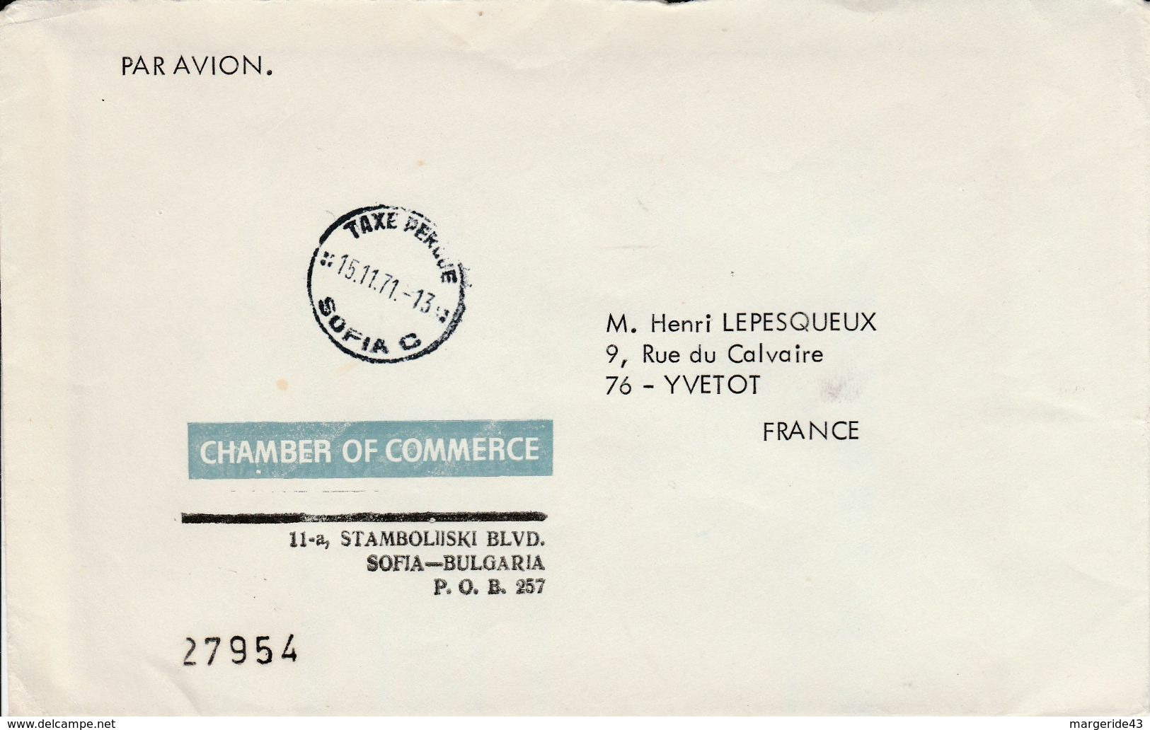 BULGARIE LETTRE EN TAXE PERCUE POUR LA FRANCE 1971 - Brieven En Documenten