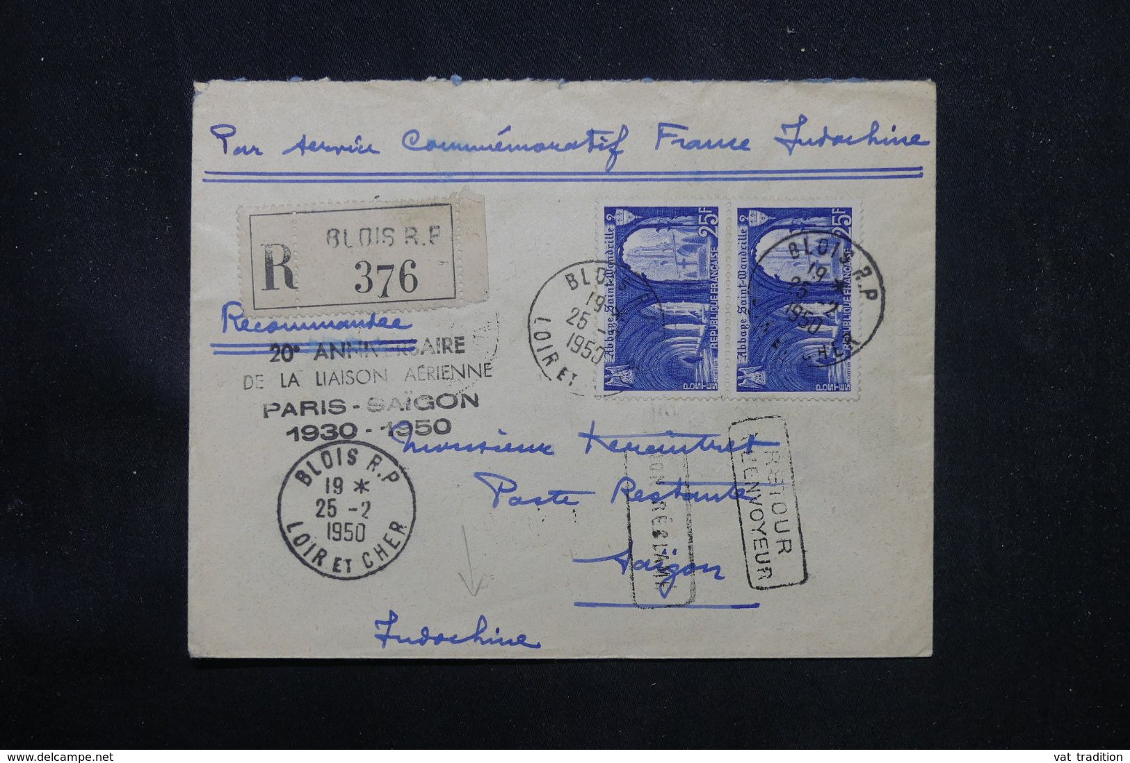 FRANCE - Env Blois Pour Saïgon - 1950 - Vol Commémoratif 20 E Anniversaire Liaison Aérienne Paris Saigon - L 69173 - Emissions Locales