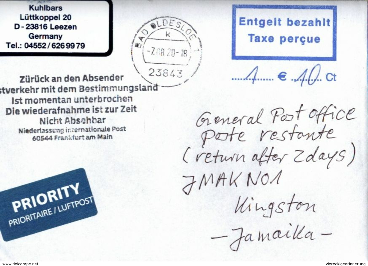 ! 2020 Germany Cover (7.8.) To Jamaika,  Airmail , Interruption Postal Service COVID-19, Antwortschein, Reply Coupon - Jamaique (1962-...)