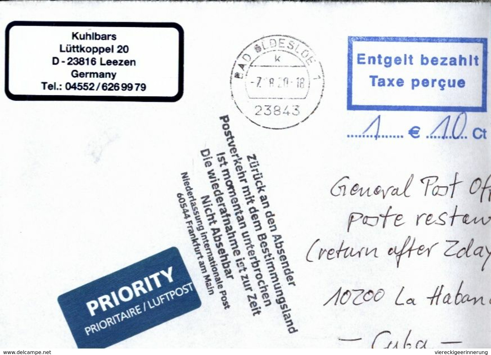 ! 2020 Germany Cover (7.8.) To Cuba, Kuba,  Airmail , Interruption Postal Service COVID-19, Antwortschein, Reply Coupon - Maladies