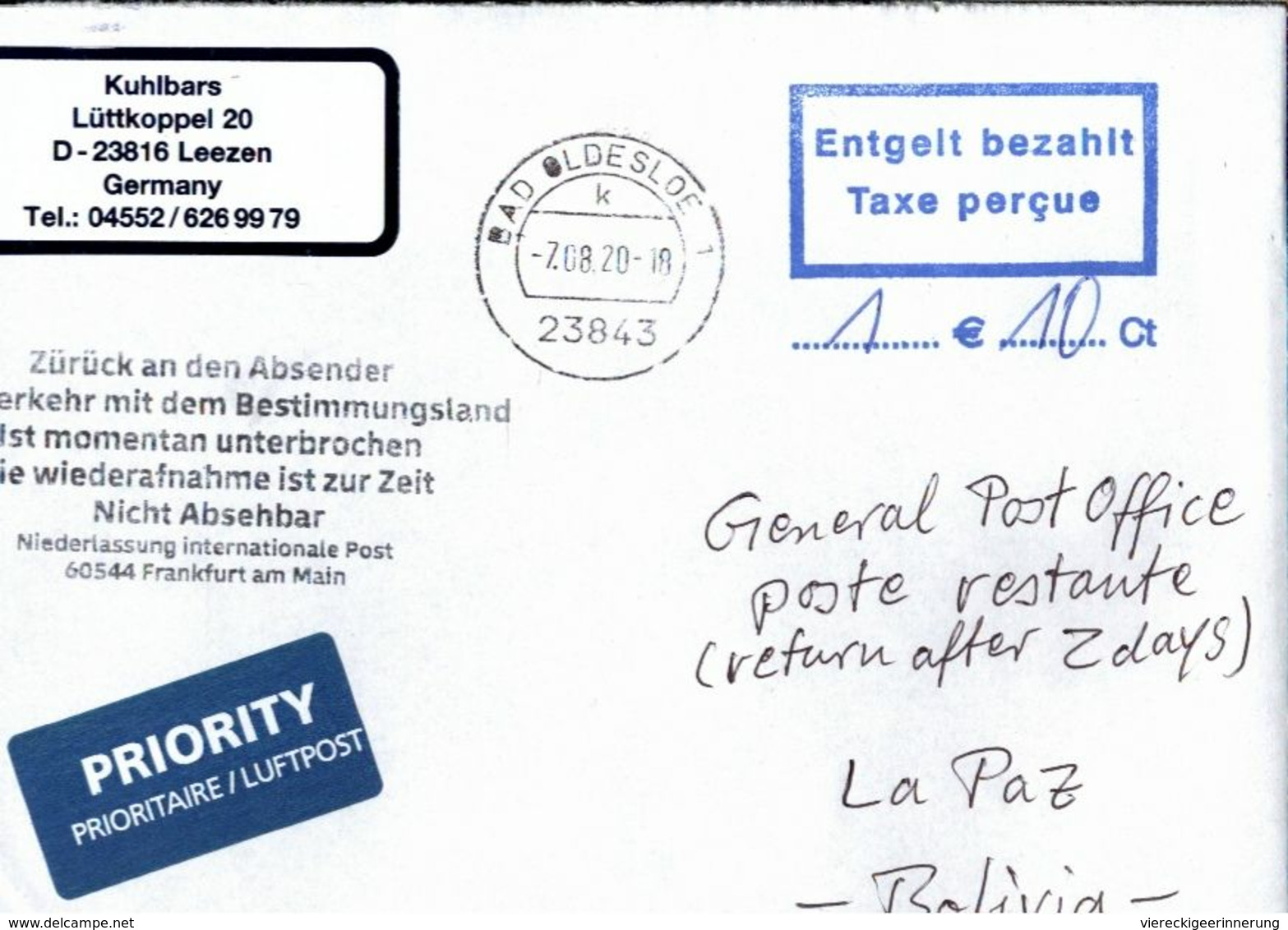 ! 2020 Germany Cover (7.8.) To Bolivia, Airmail , Interruption Postal Service COVID-19, Antwortschein, Reply Coupon - Malattie