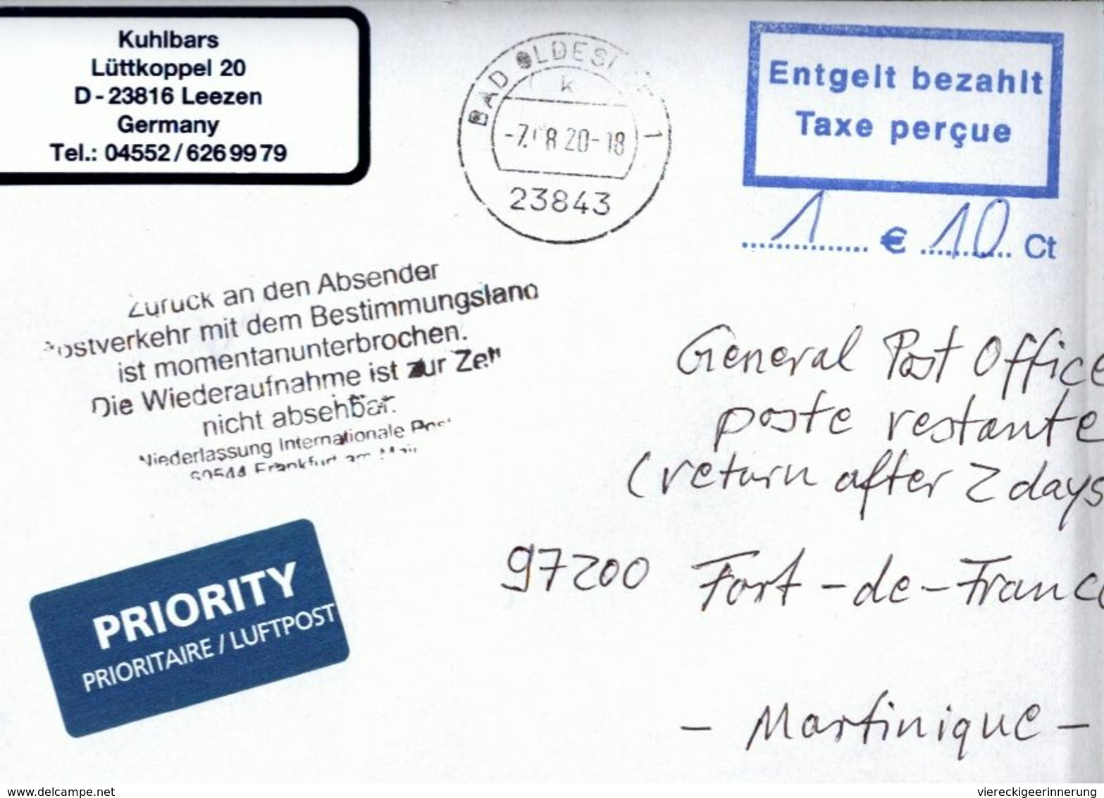 ! 2020 Germany Cover (7.8.) To Martinique, Airmail , Interruption Postal Service COVID-19, Antwortschein, Reply Coupon - Disease